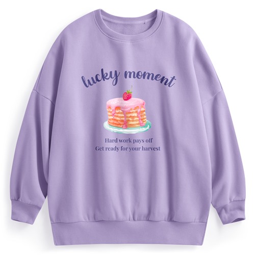 鬆餅刷毛寬長版印花圓領衫-女