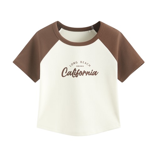 羅紋拉克蘭袖文字印花短版T恤-女