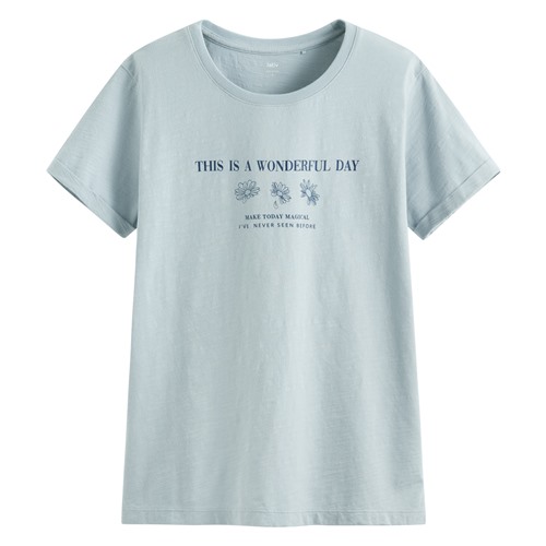 竹節棉花草文字印花T恤-女