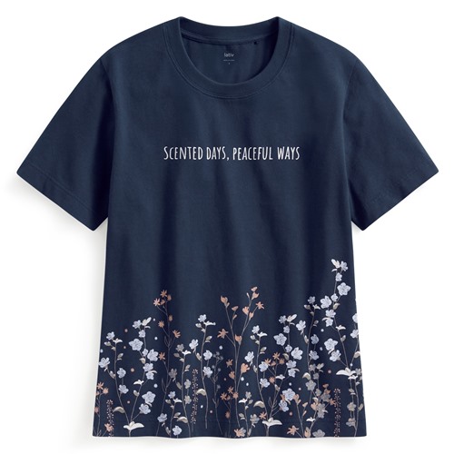 文字花卉厚版印花T恤-女