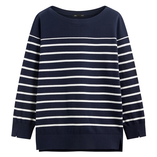 棉質船領條紋針織衫-女