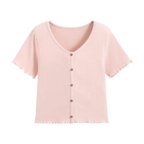 羅紋V領鈕釦T恤-女