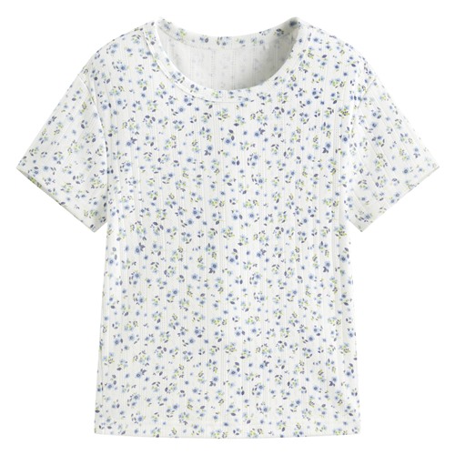 羅紋提花小花短版T恤-女