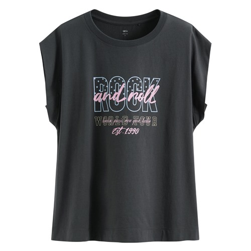 純棉寬版復古美式印花無袖上衣-女