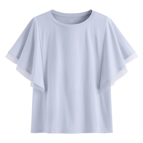 柔滑棉網紗荷葉袖上衣-女