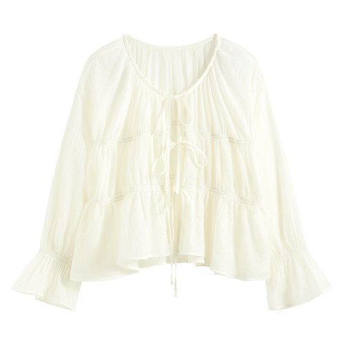 透膚細褶短版綁帶上衣-女