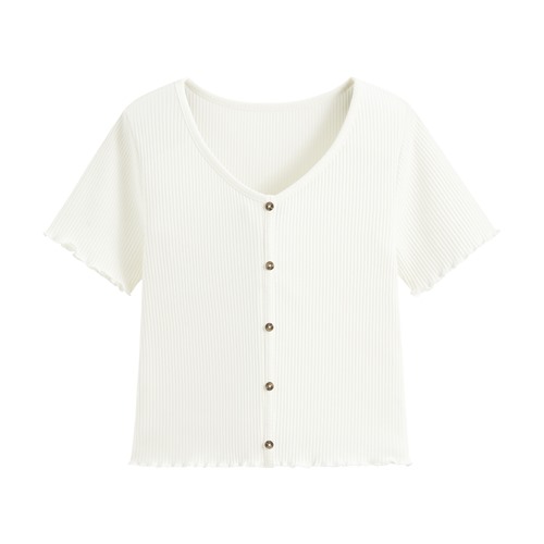 羅紋V領鈕釦T恤-女