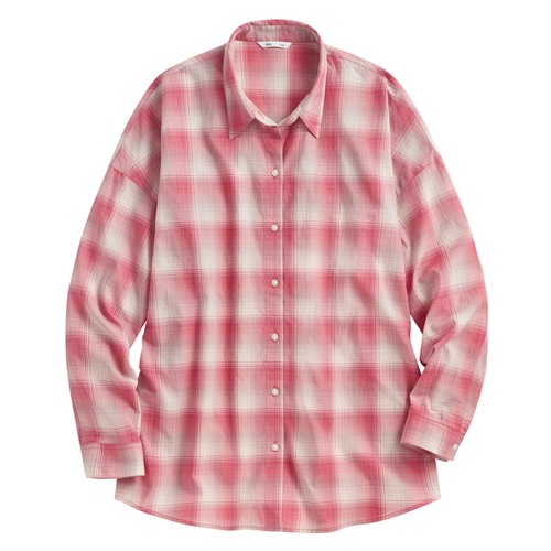 輕薄格紋寬版襯衫-女