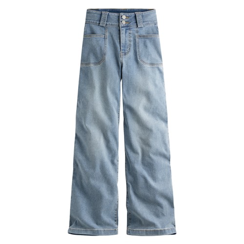 輕量排釦高腰牛仔寬褲-女