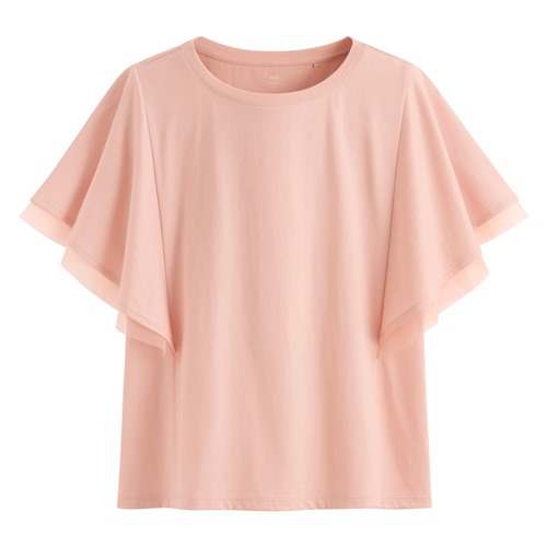 柔滑棉網紗荷葉袖上衣-女