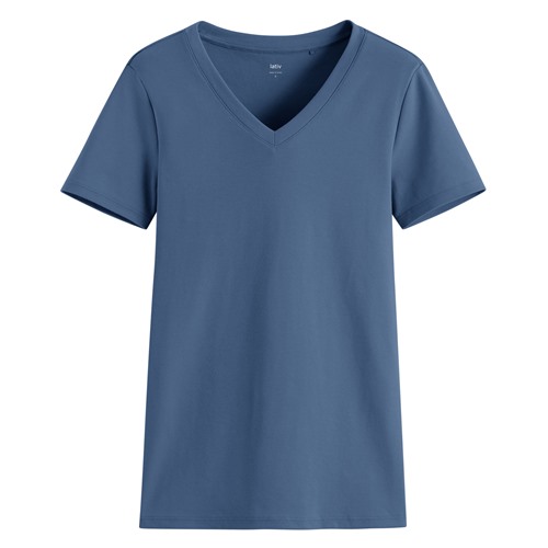 棉質羅紋V領T恤-女