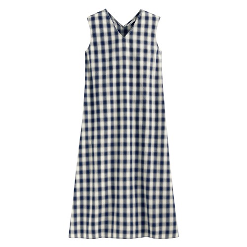 格紋V領寬襬長洋裝-女