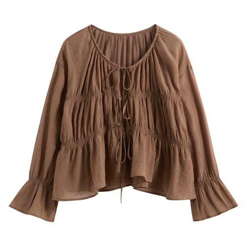 透膚細褶短版綁帶上衣-女