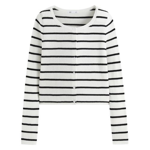 透膚圓領條紋短版針織外套-女