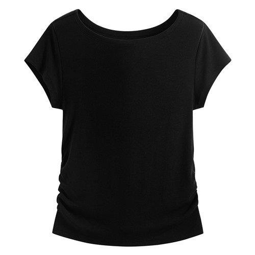 輕柔彈力寬領抽皺T恤-女