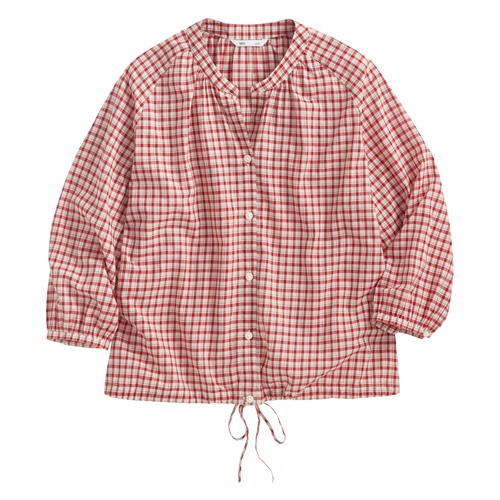 輕薄格紋七分袖抽繩襯衫-女