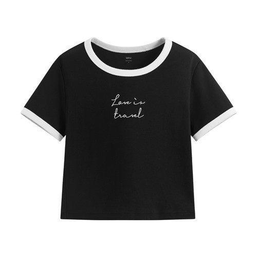 純棉羅紋配色文字電繡T恤-女