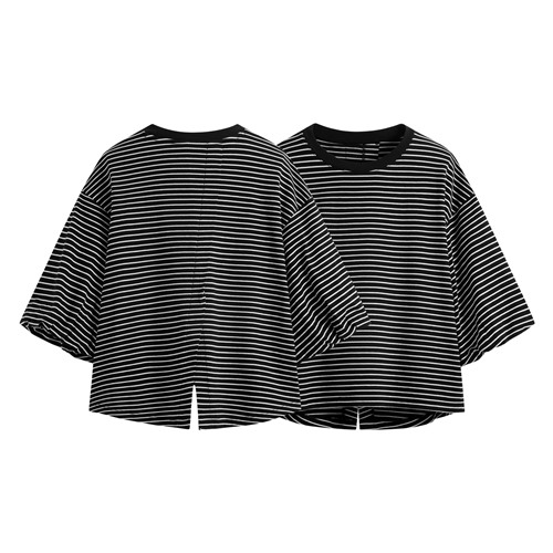 純棉條紋開衩五分袖上衣-女