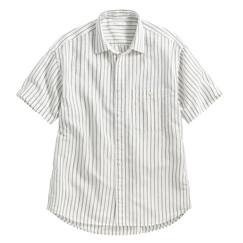 棉麻寬版條紋短袖襯衫-男