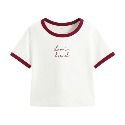 純棉羅紋配色文字電繡T恤-女