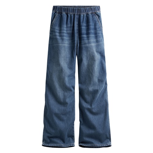 鬆緊牛仔寬褲-女