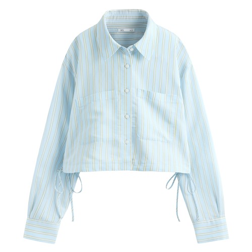 輕柔條紋短版長袖襯衫-女