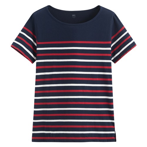 純棉船領條紋短袖T恤-女
