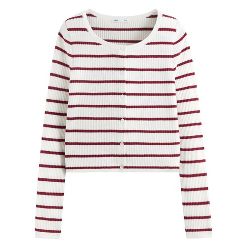 透膚圓領條紋短版針織外套-女