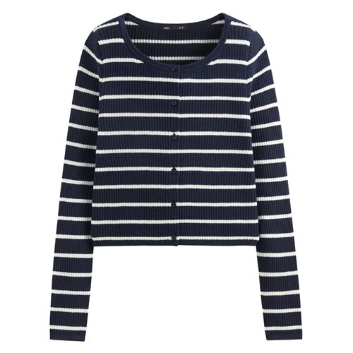 透膚圓領條紋短版針織外套-女