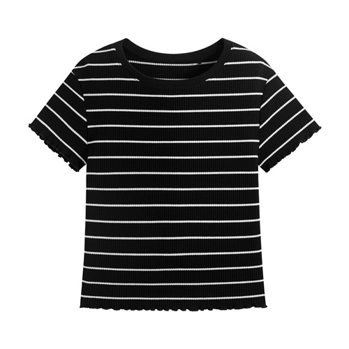 羅紋條紋木耳邊短版T恤-女