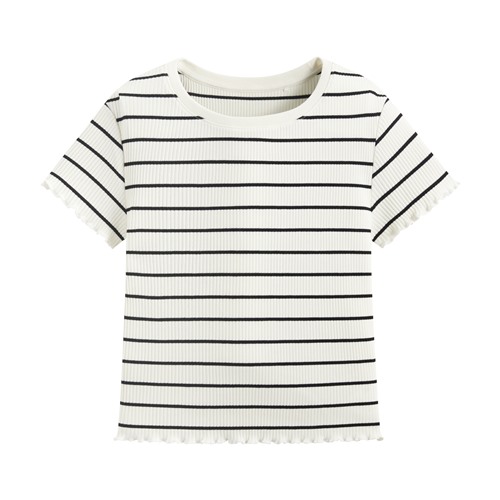 羅紋條紋木耳邊短版T恤-女