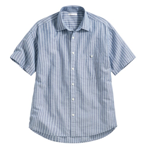 棉麻寬版條紋短袖襯衫-男