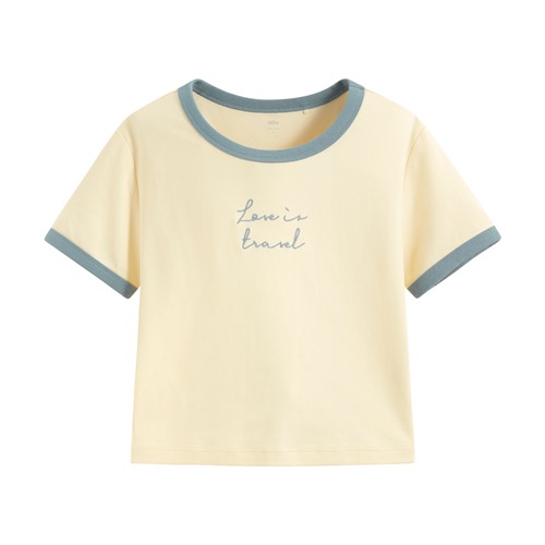 純棉羅紋配色文字電繡T恤-女