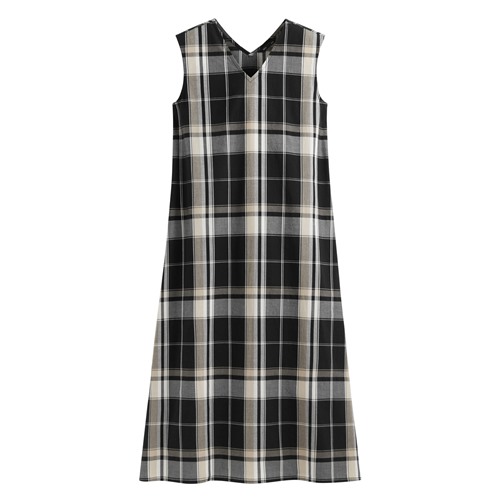 格紋V領寬襬長洋裝-女