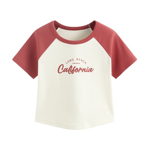 羅紋拉克蘭袖文字印花短版T恤-女