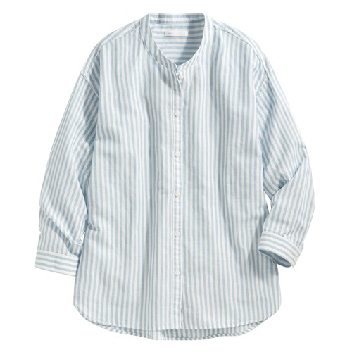 棉麻條紋七分袖襯衫-女