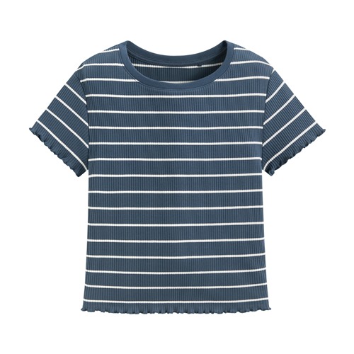 羅紋條紋木耳邊短版T恤-女