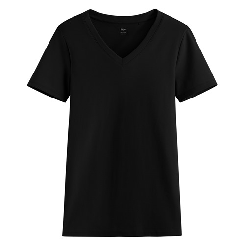 棉質羅紋V領T恤-女