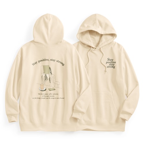 人物毛圈寬長版印花連帽衫-女