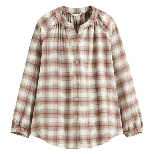 柔軟法蘭絨抓皺格紋上衣-女