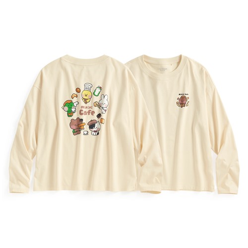 LINE FRIENDS minini寬短版落肩長袖印花T恤-03-女