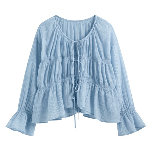 透膚細褶短版綁帶上衣-女