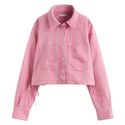 輕柔條紋短版長袖襯衫-女