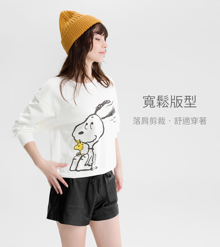 史努比系列毛圈寬版印花圓領衫-03-女