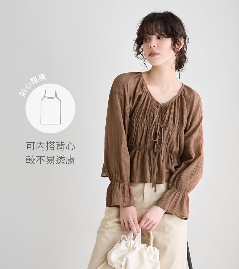 透膚細褶短版綁帶上衣-女