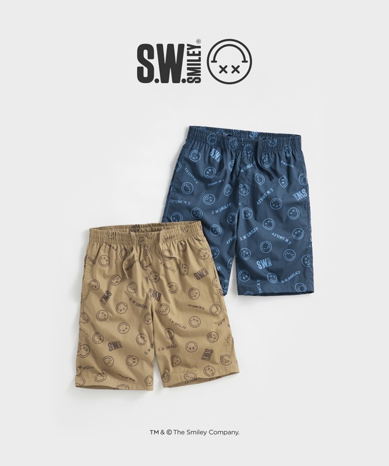春夏男裝新品：男 · S.W.SMILEY®印花輕便短褲