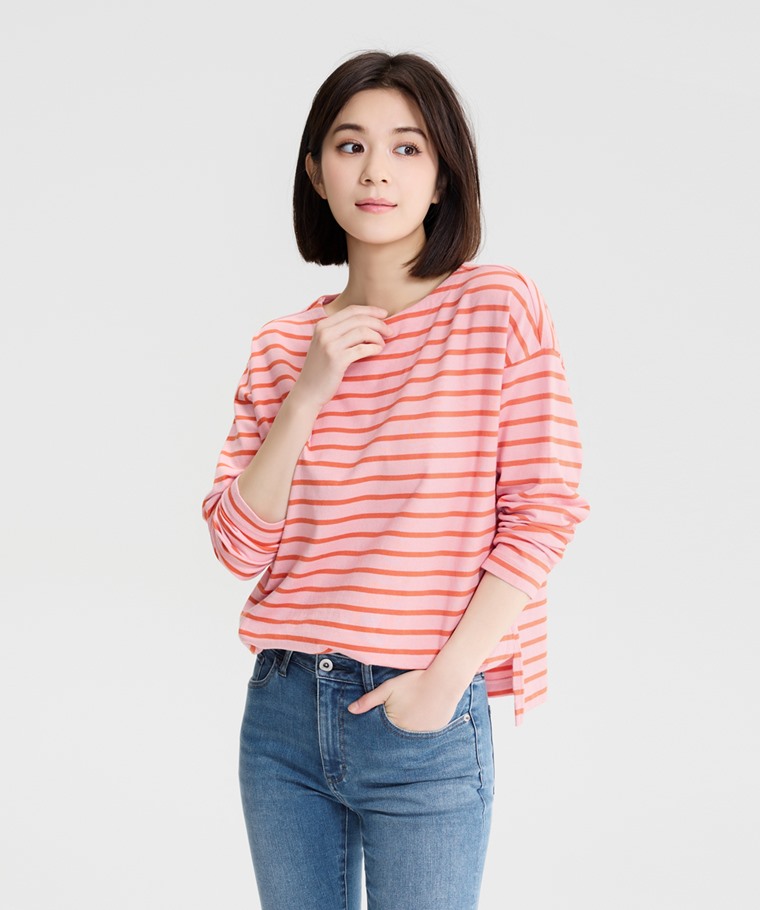 純棉粗紡落肩寬版條紋T恤-女