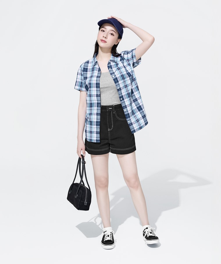 格紋短袖襯衫-女