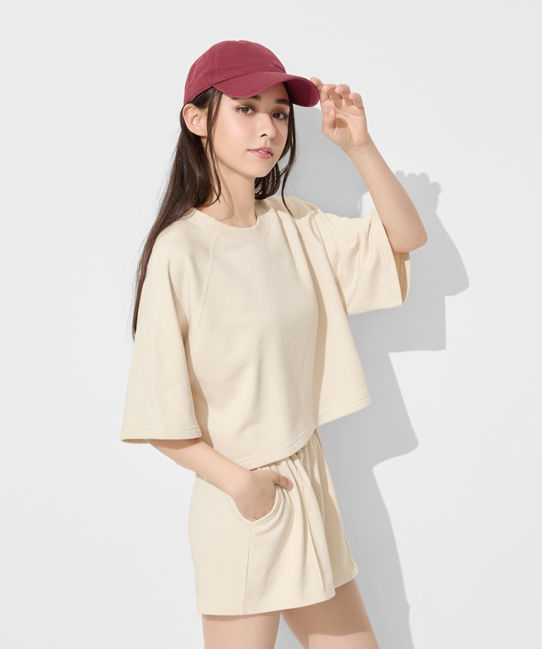 毛圈寬鬆短版五分袖T恤-女