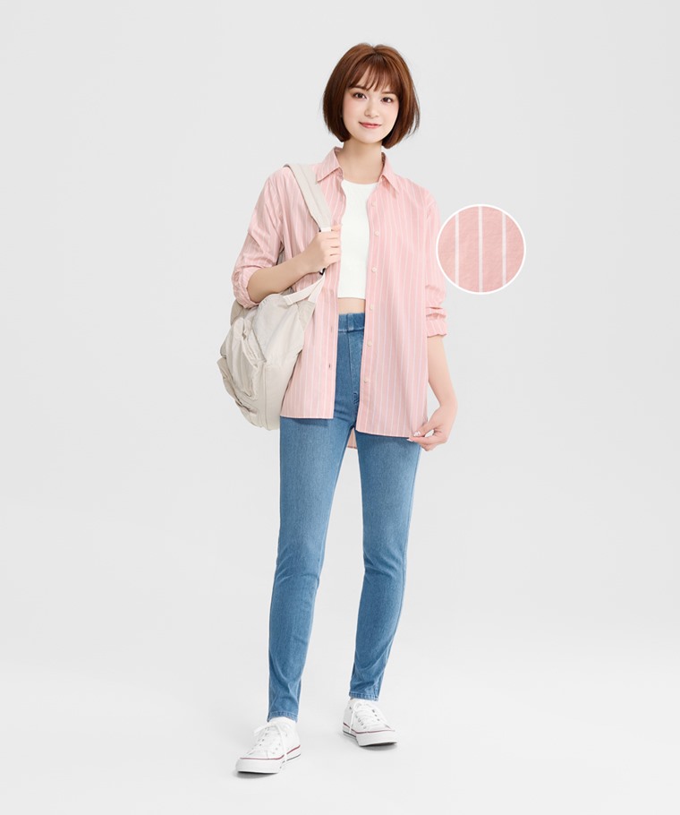 柔棉條紋長袖襯衫-女